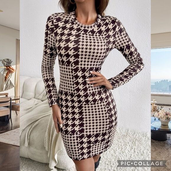 Classic Houndstooth Print Bodycon Pencil Hem Dress - Picture 4 of 8